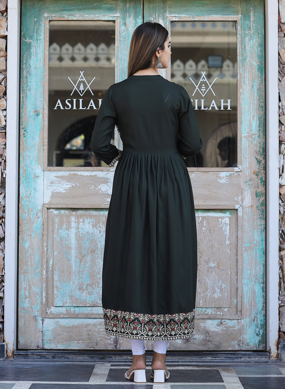 Kaajh Women's Rayon Printed Dark Olive Green Side Slit Long Ethnic Dress