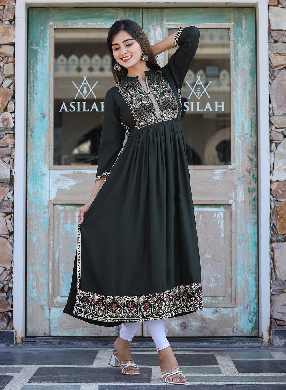Kaajh Women's Rayon Printed Dark Olive Green Side Slit Long Ethnic Dress