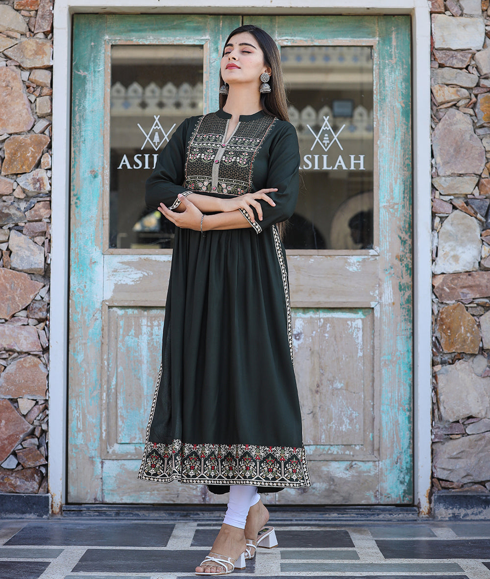 Kaajh Women's Rayon Printed Dark Olive Green Side Slit Long Ethnic Dress
