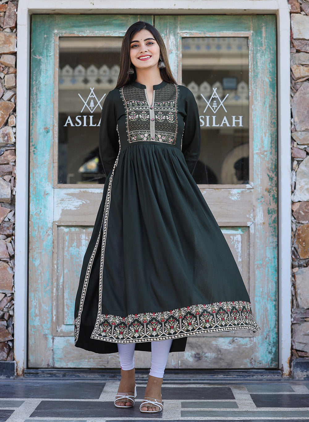 Kaajh Women's Rayon Printed Dark Olive Green Side Slit Long Ethnic Dress