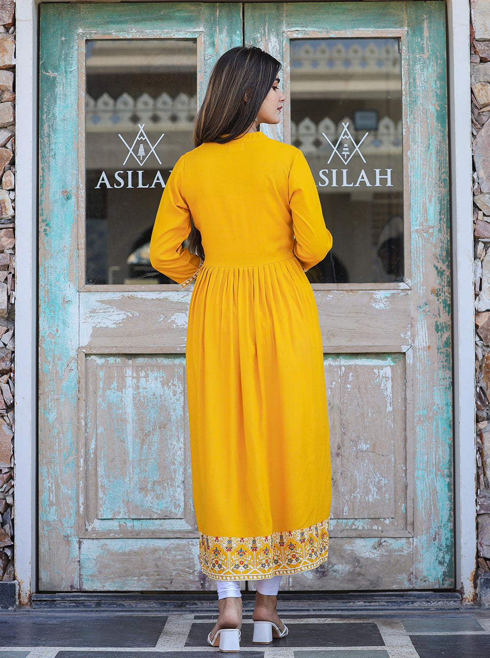 Kaajh Women's Rayon Printed Yellow Side Slit Long Ethnic Dress