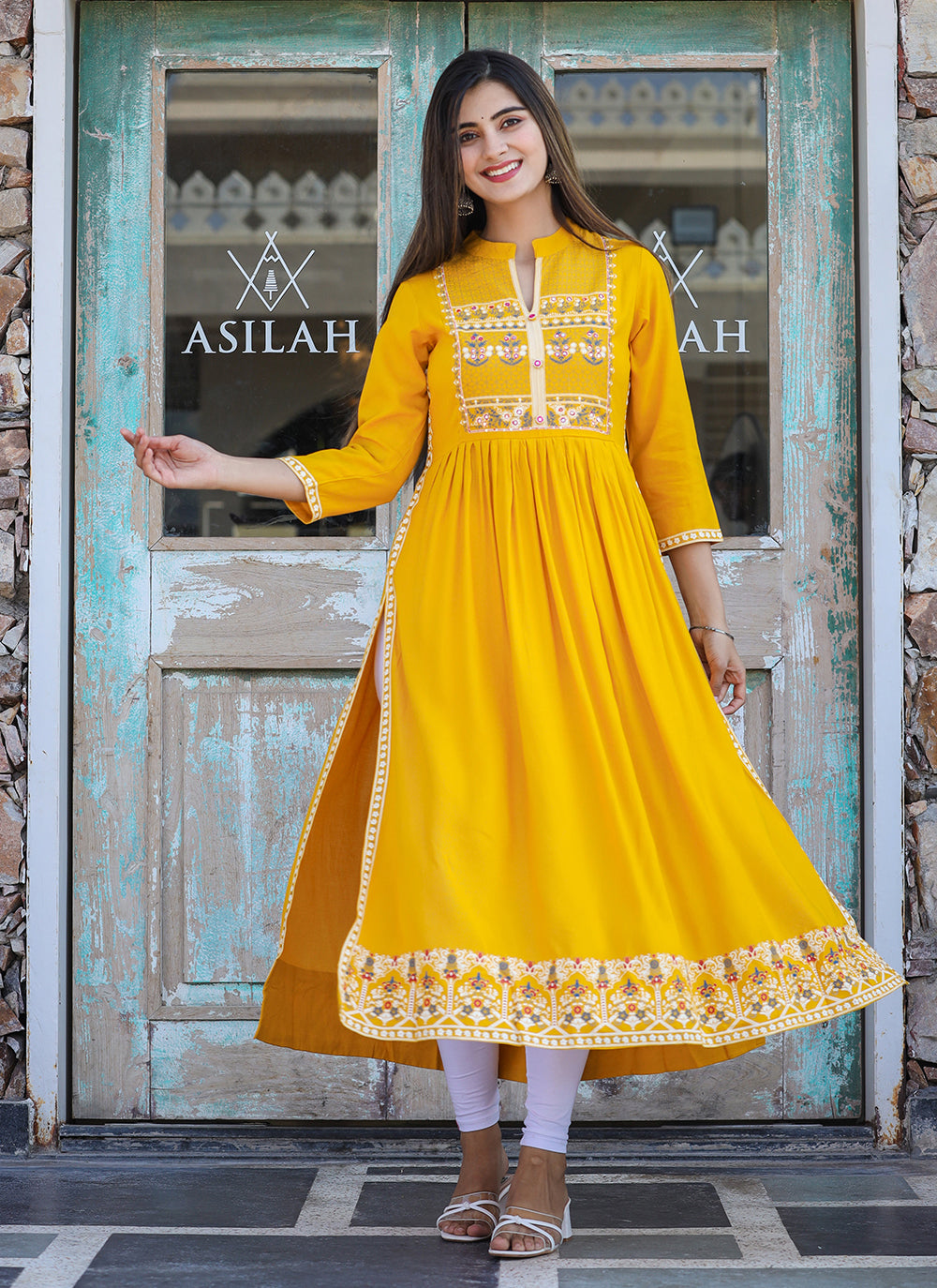 Kaajh Women's Rayon Printed Yellow Side Slit Long Ethnic Dress