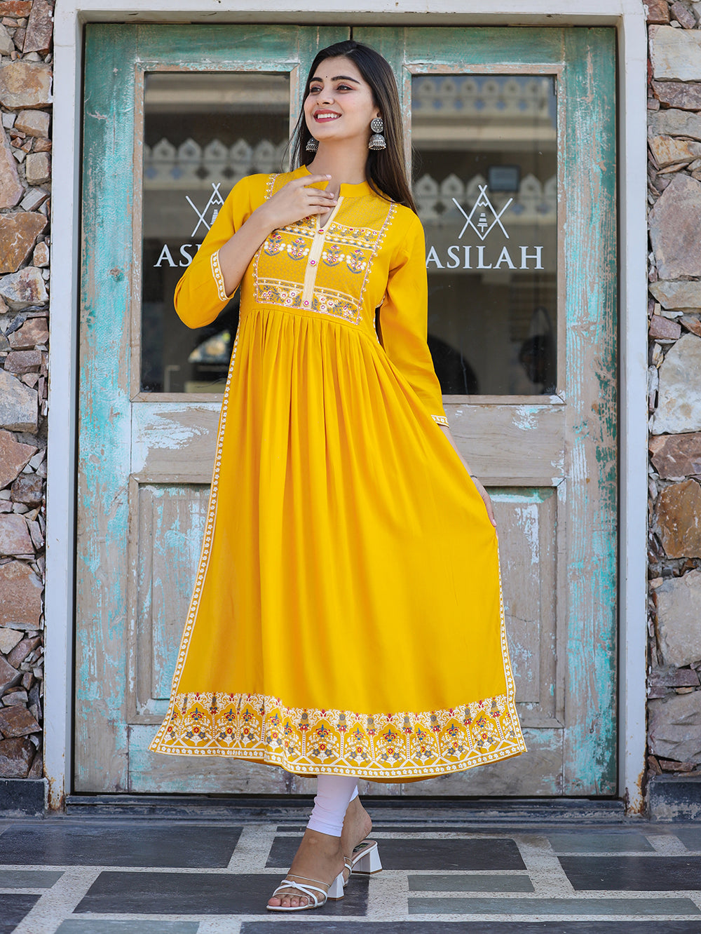 Kaajh Women's Rayon Printed Yellow Side Slit Long Ethnic Dress