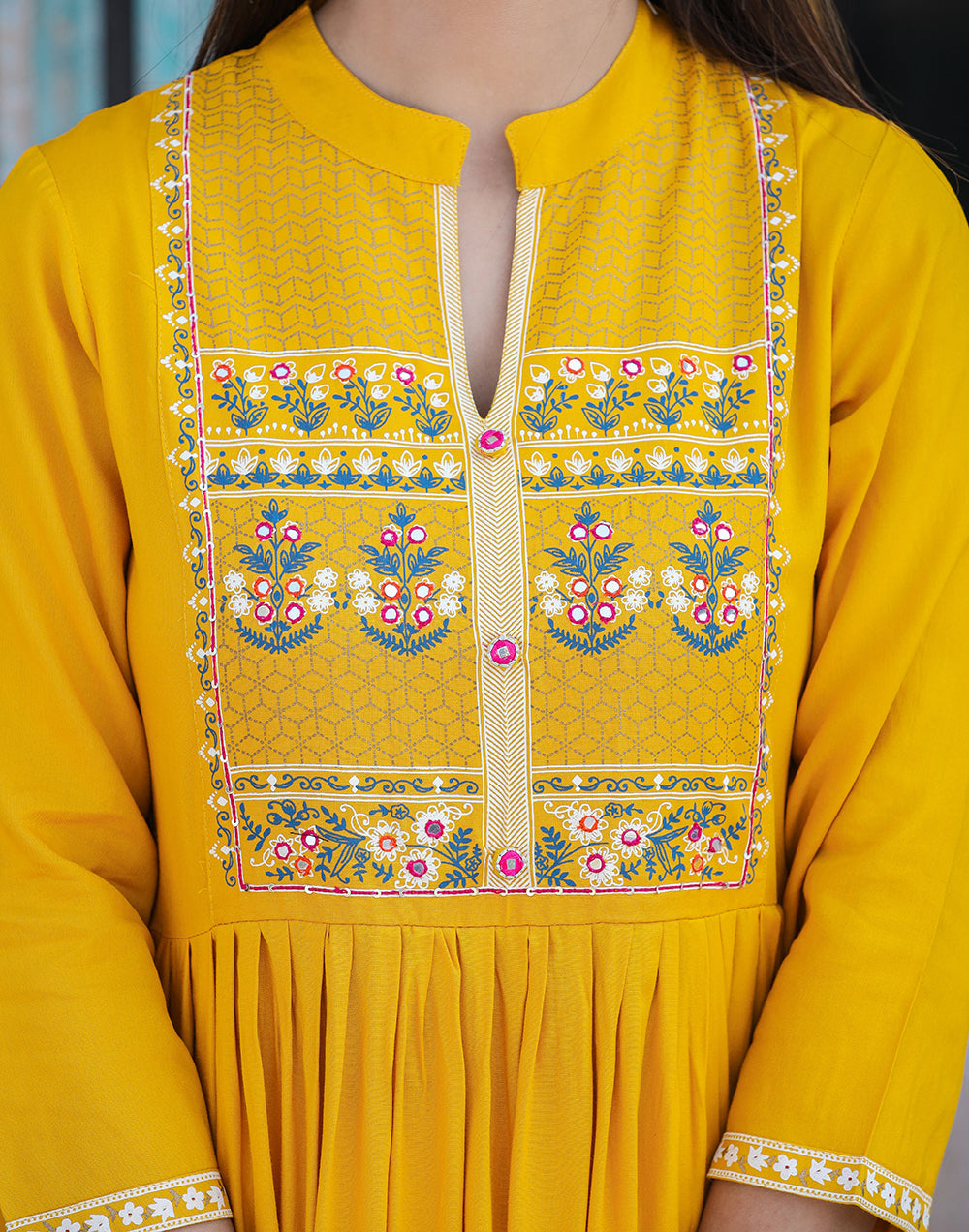 Kaajh Women's Rayon Printed Yellow Side Slit Long Ethnic Dress