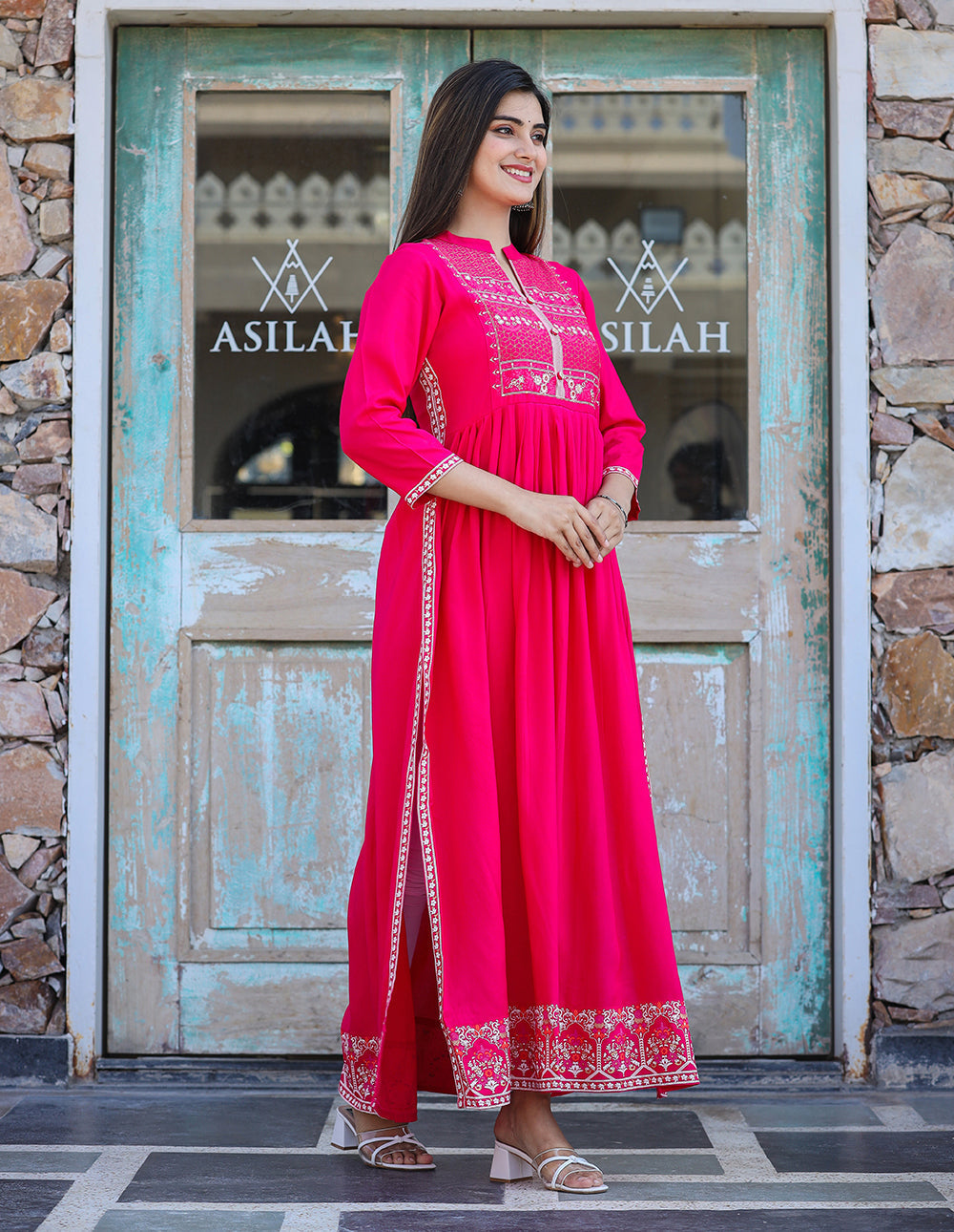 Kaajh Women's Rayon Printed Pink Side Slit Long Ethnic Dress