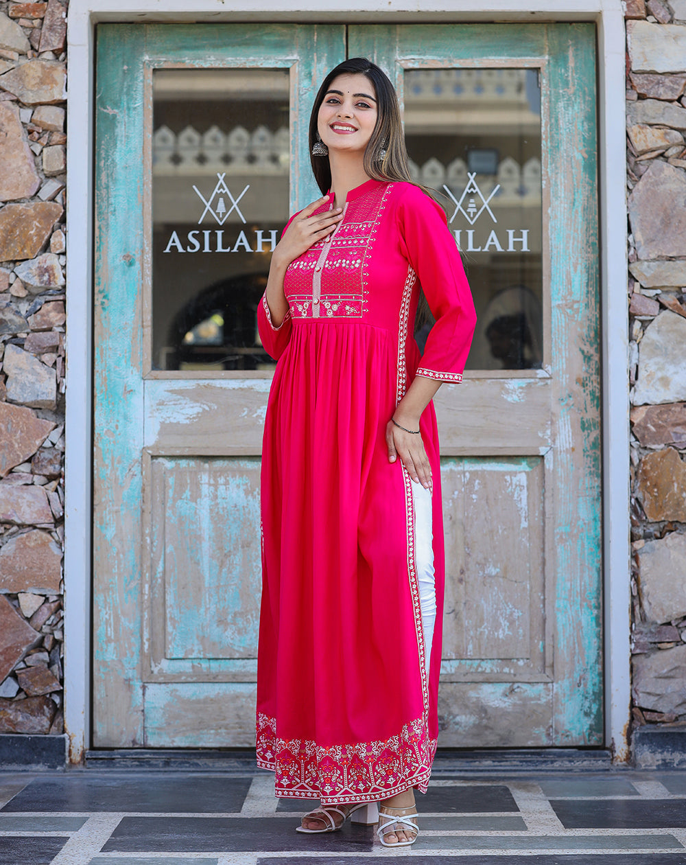 Kaajh Women's Rayon Printed Pink Side Slit Long Ethnic Dress