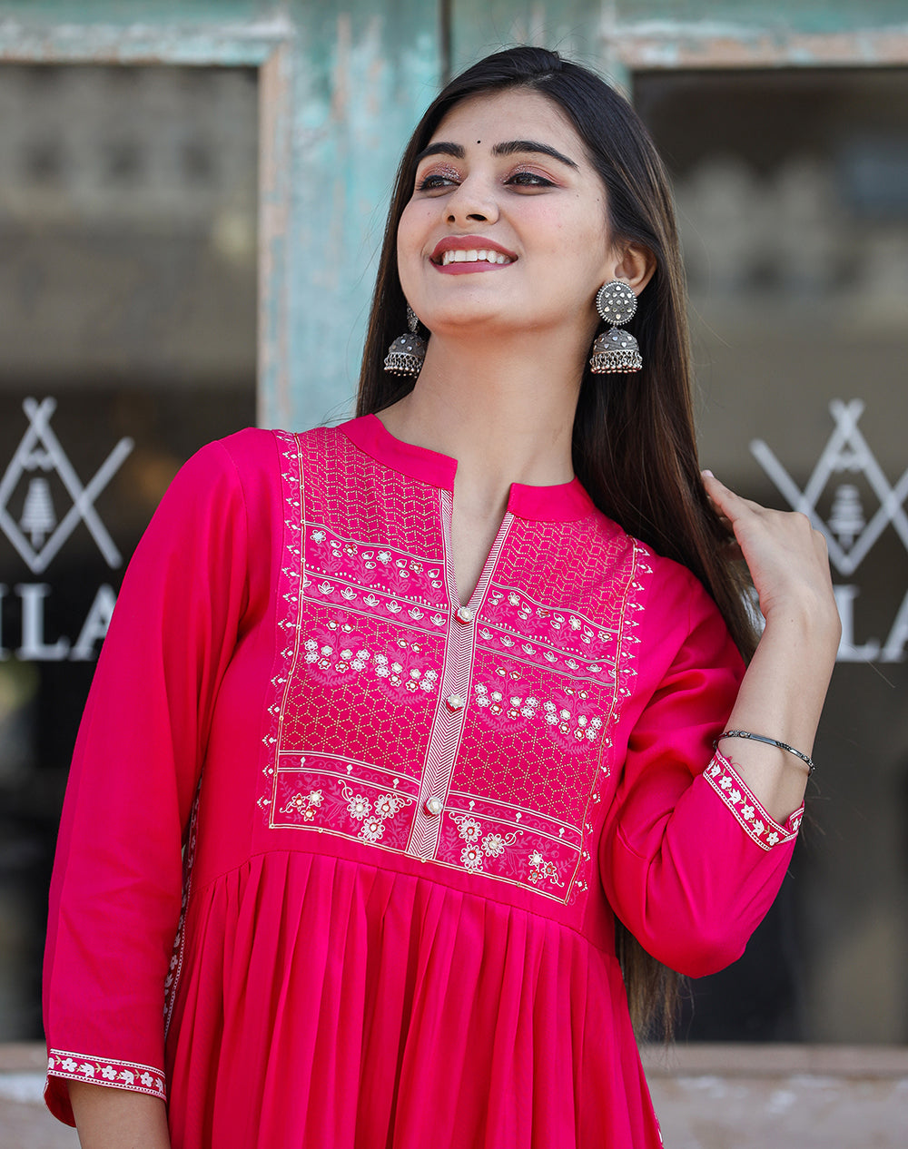 Kaajh Women's Rayon Printed Pink Side Slit Long Ethnic Dress