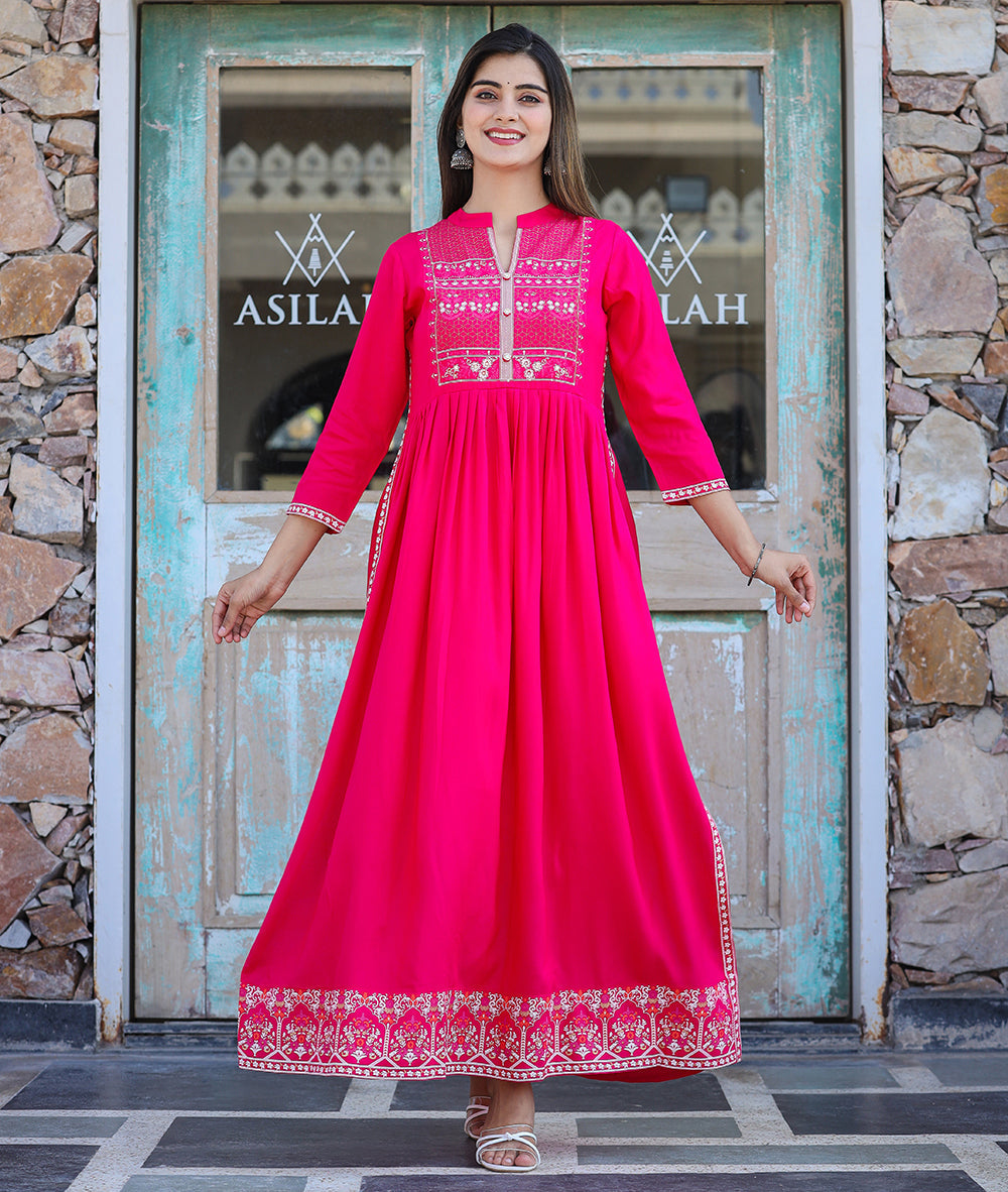 Kaajh Women's Rayon Printed Pink Side Slit Long Ethnic Dress