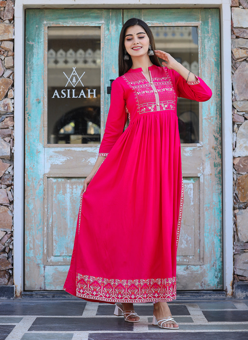Kaajh Women's Rayon Printed Pink Side Slit Long Ethnic Dress