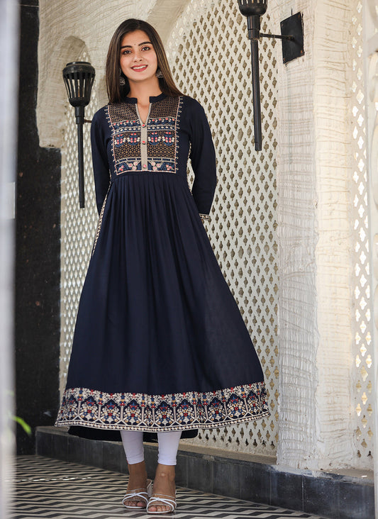 Kaajh Women's Rayon Printed Navy Blue Side Slit Long Ethnic Dress