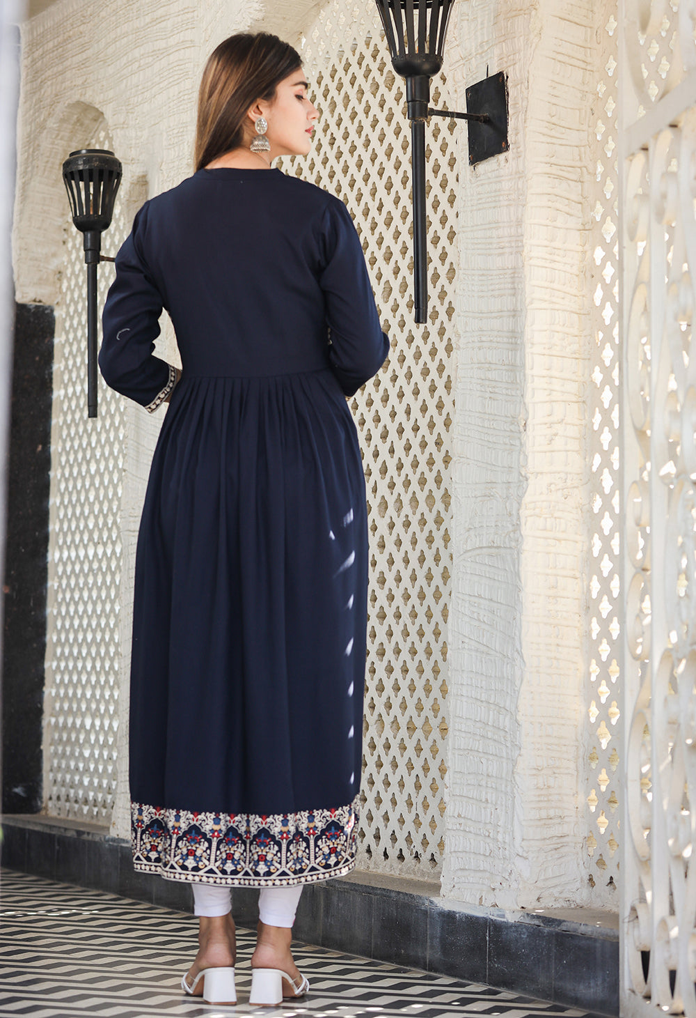 Kaajh Women's Rayon Printed Navy Blue Side Slit Long Ethnic Dress