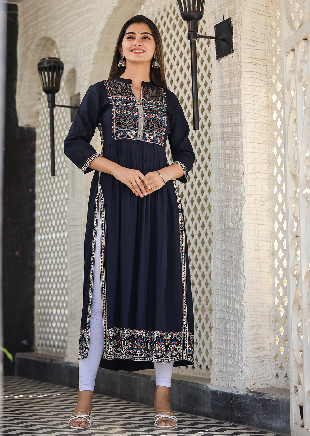 Kaajh Women's Rayon Printed Navy Blue Side Slit Long Ethnic Dress