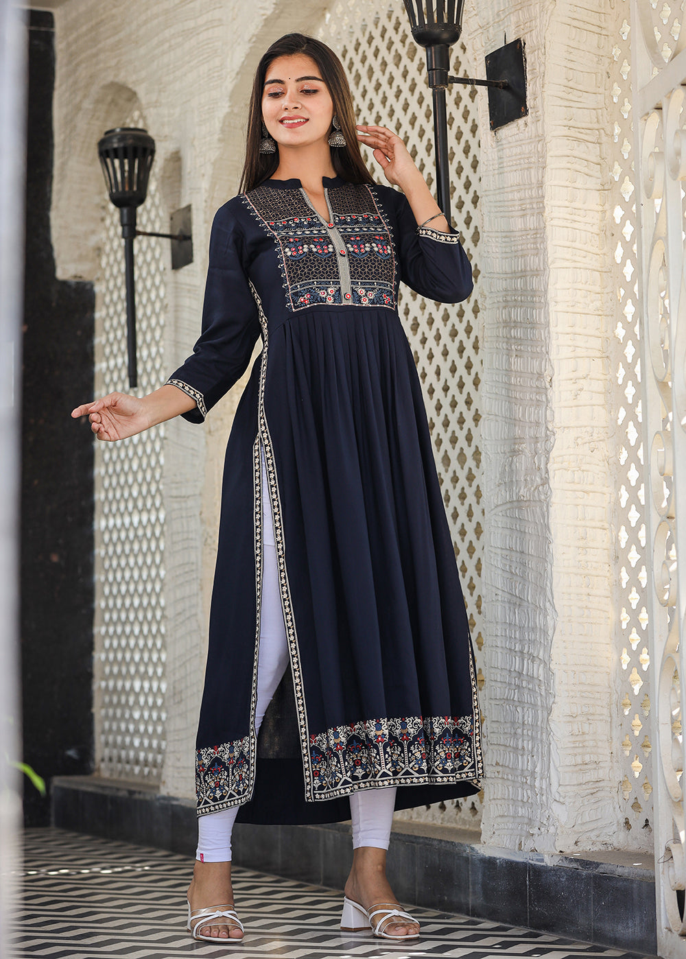 Kaajh Women's Rayon Printed Navy Blue Side Slit Long Ethnic Dress