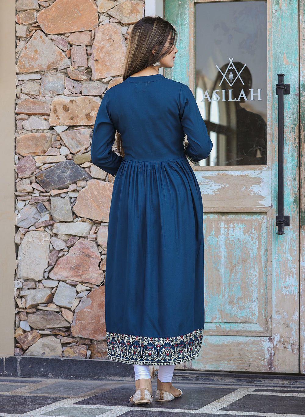 Kaajh Women's Rayon Printed Teal Side Slit Long Ethnic Dress