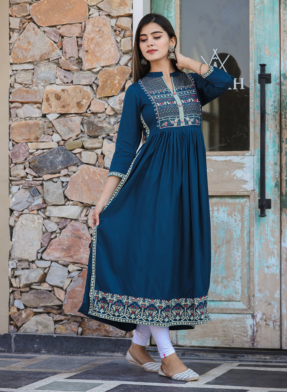 Kaajh Women's Rayon Printed Teal Side Slit Long Ethnic Dress