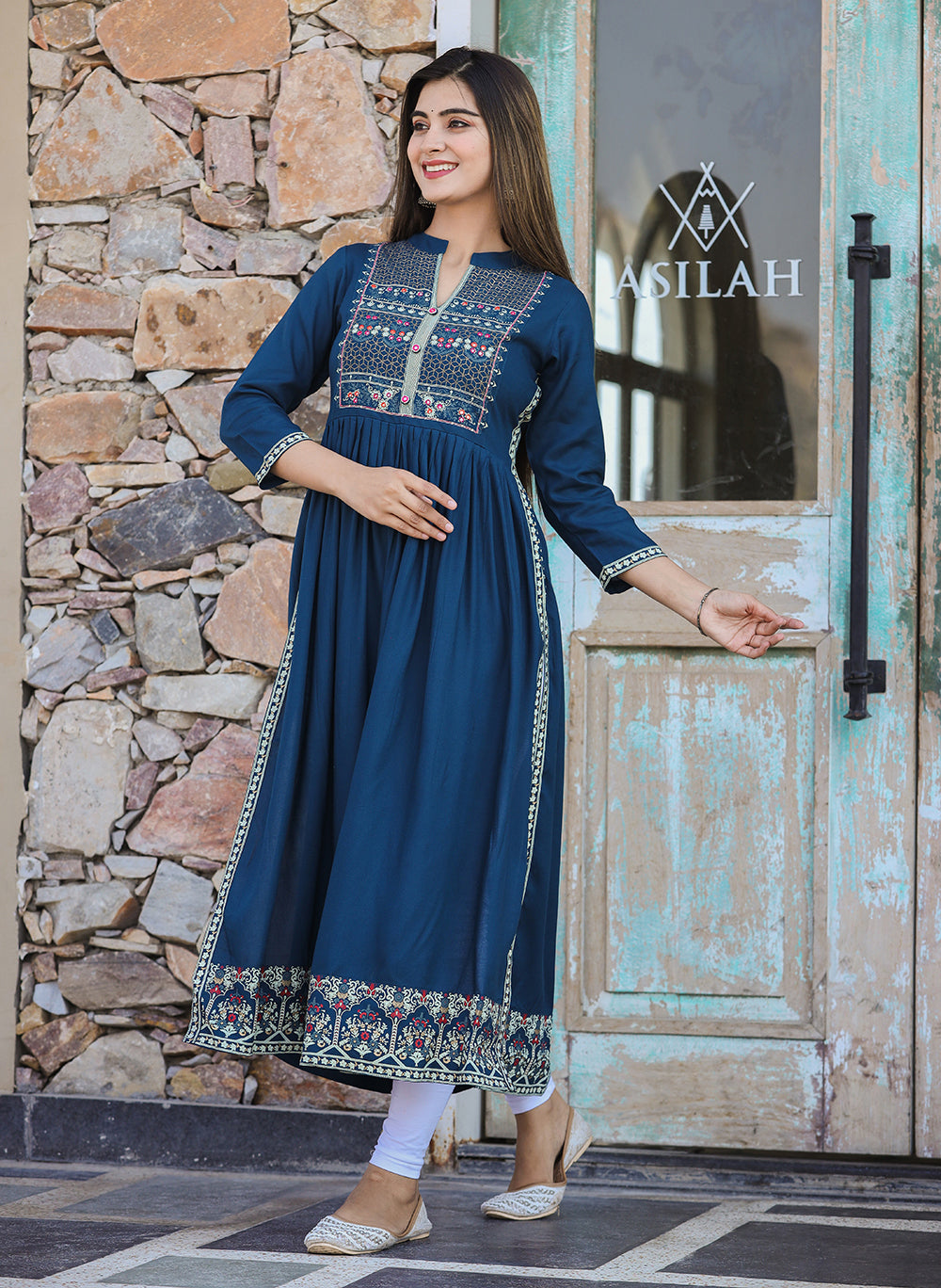 Kaajh Women's Rayon Printed Teal Side Slit Long Ethnic Dress