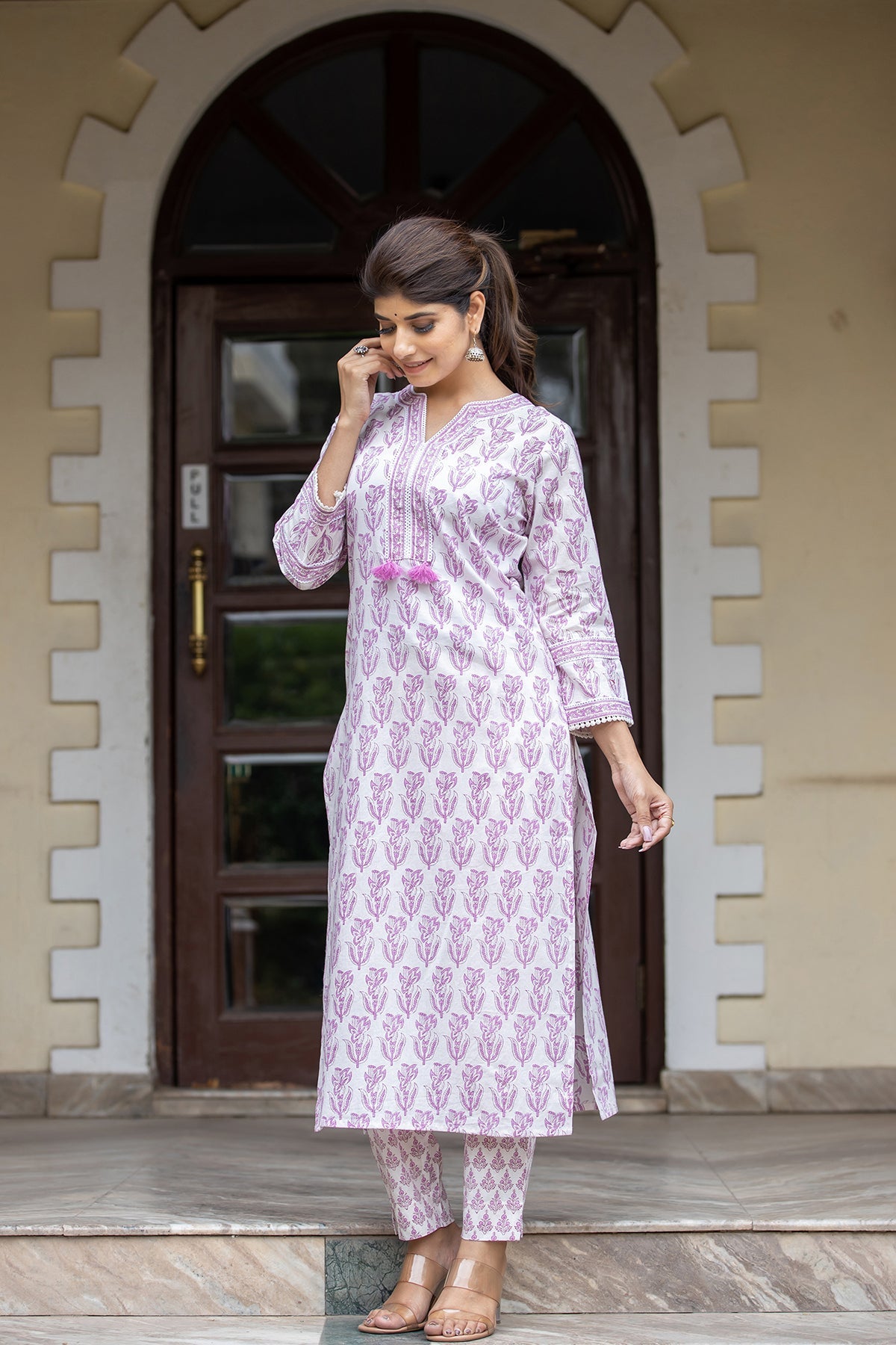 Kaajh Women's White Purple Ethnic Printed Cotton Kurta Pant Set
