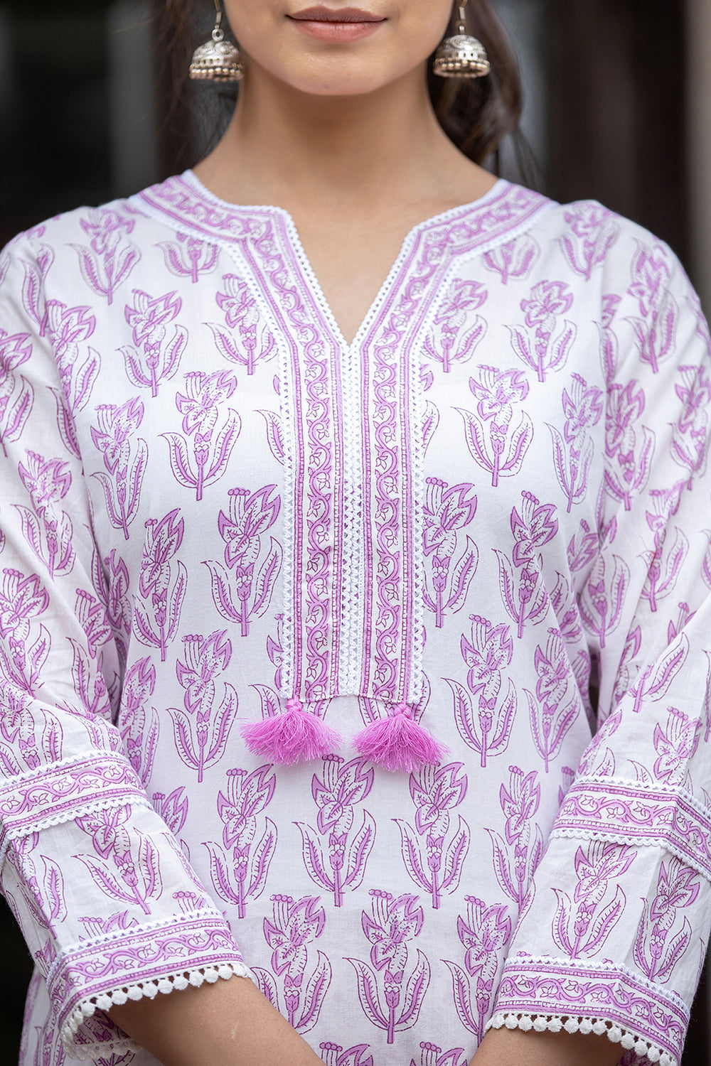 Kaajh Women's White Purple Ethnic Printed Cotton Kurta Pant Set