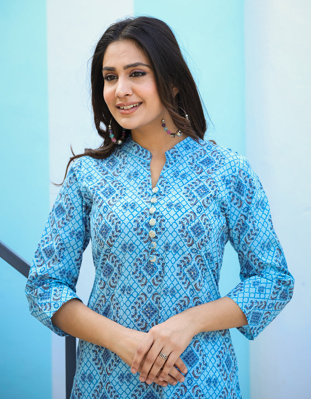 Kaajh Woman's Sky Blue Ethnic Print Casual Kurta
