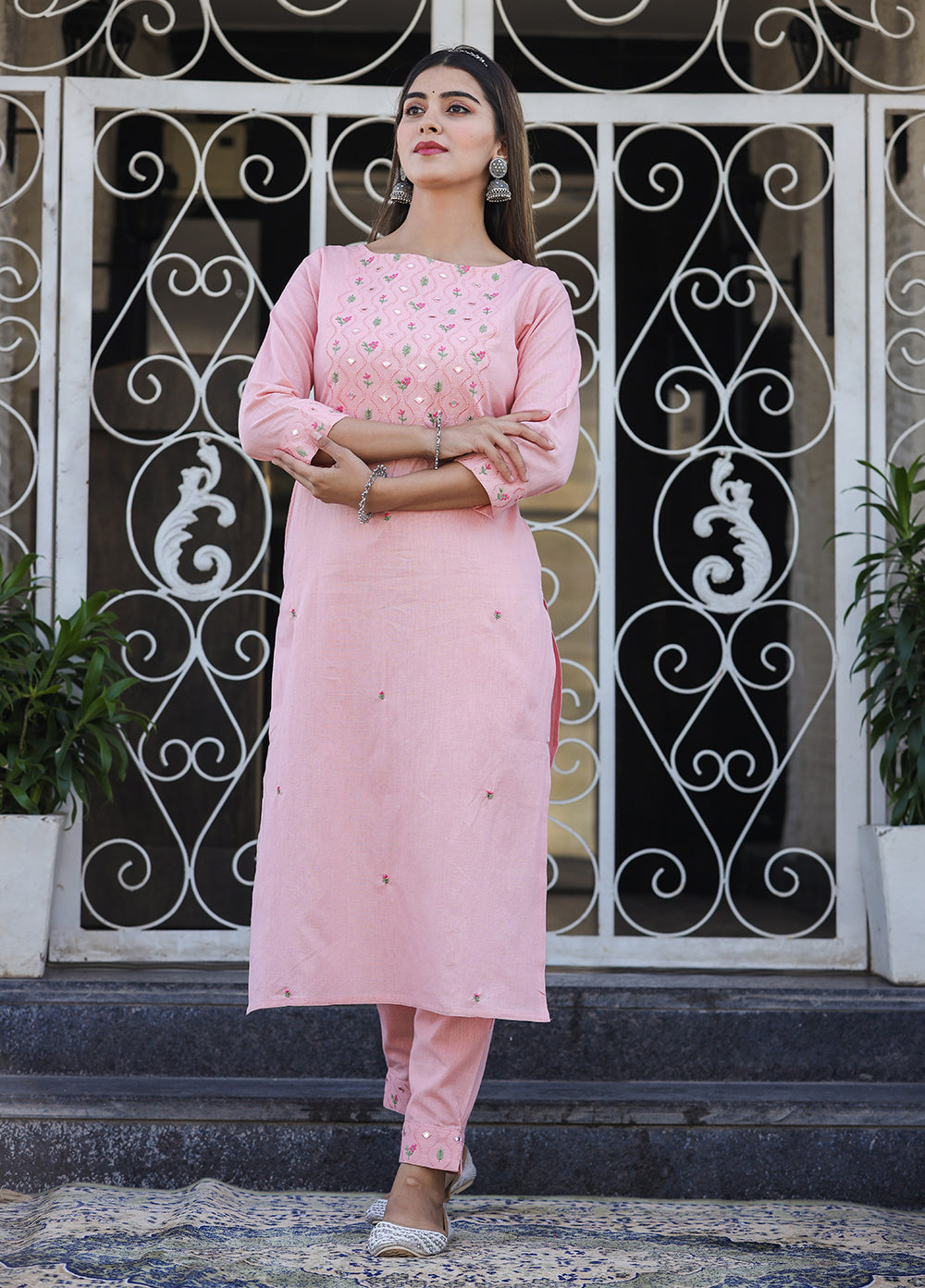 Kaajh Women's Peach Embroidered Cotton Kurta Pant Set