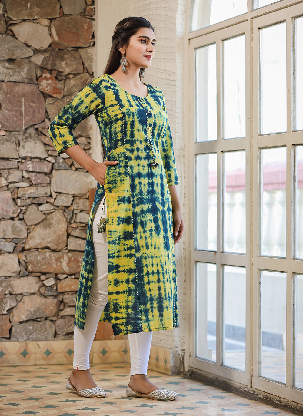 Kaajh Women's Green Shibori Tie Dye Cotton Casual Kurta
