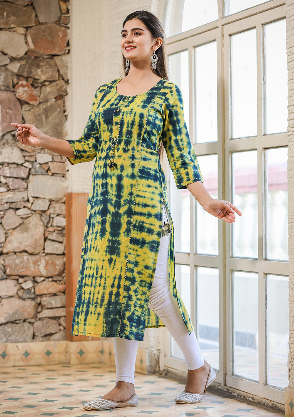 Kaajh Women's Green Shibori Tie Dye Cotton Casual Kurta