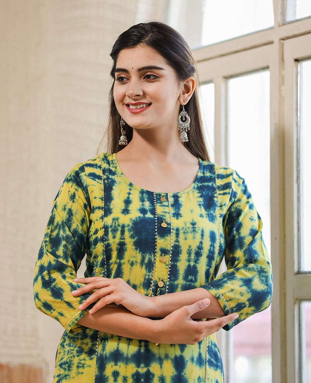 Kaajh Women's Green Shibori Tie Dye Cotton Casual Kurta