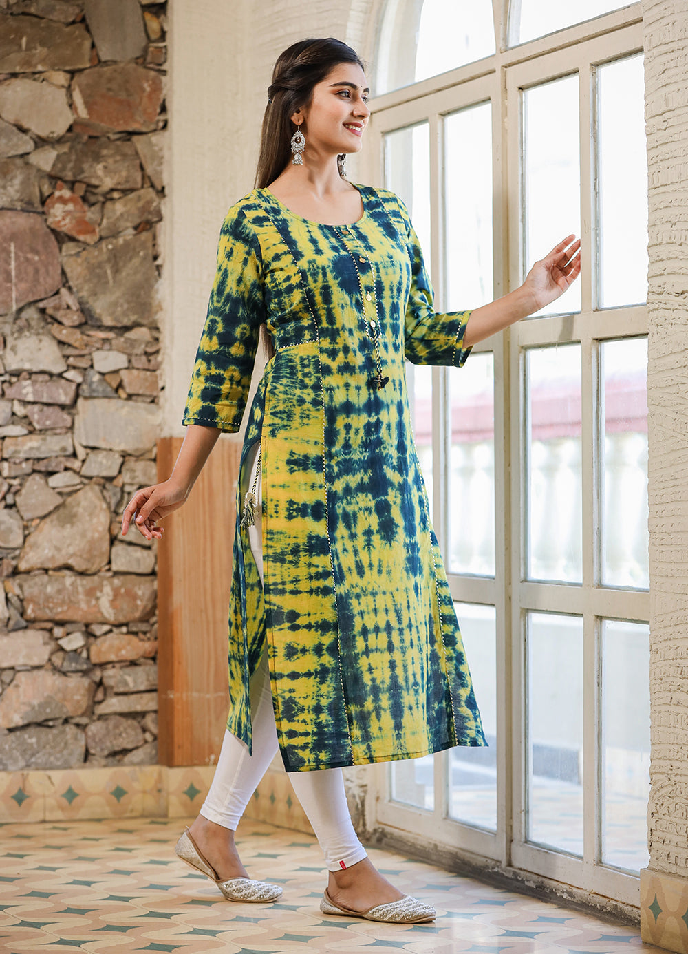 Kaajh Women's Green Shibori Tie Dye Cotton Casual Kurta