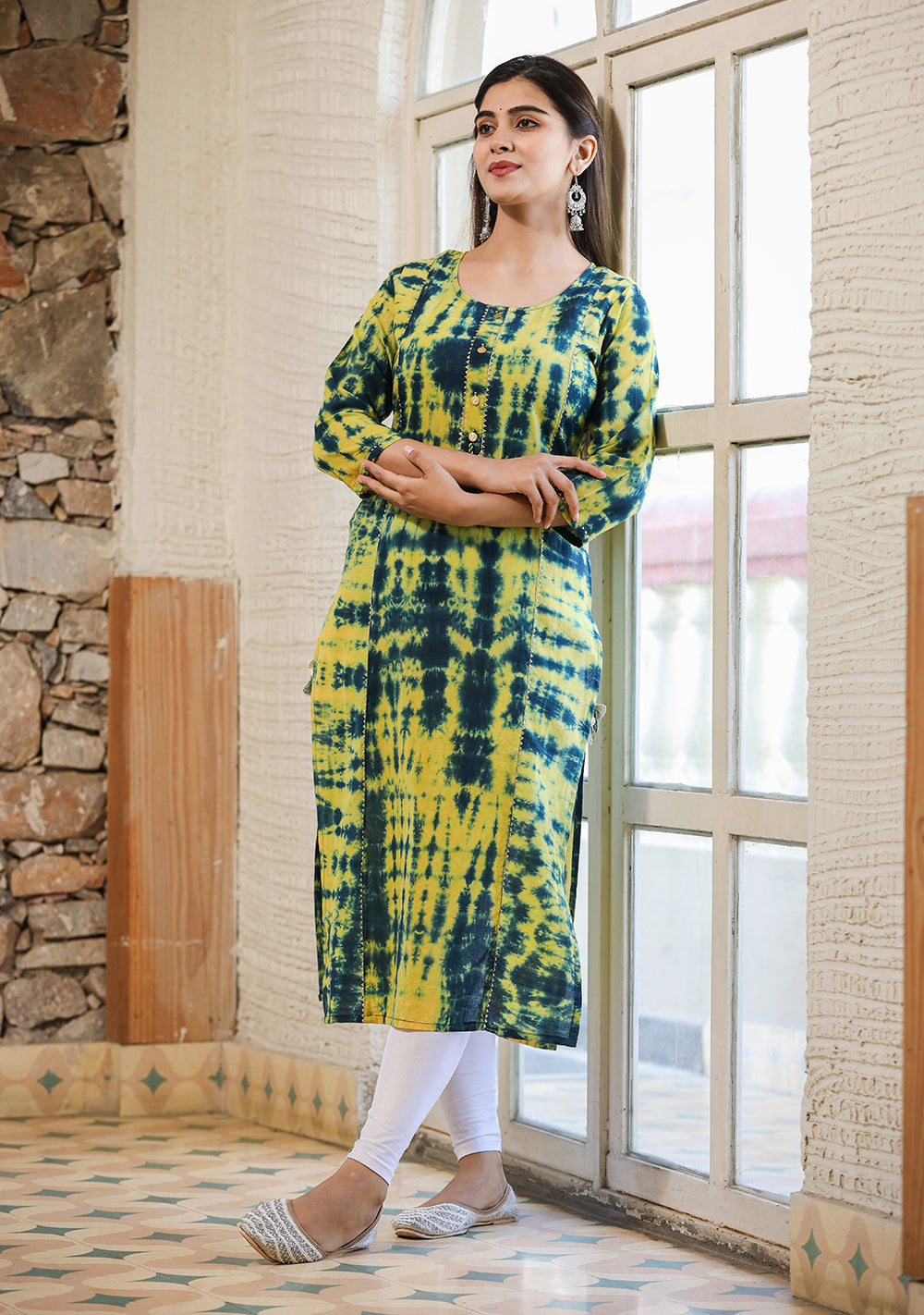 Kaajh Women's Green Shibori Tie Dye Cotton Casual Kurta