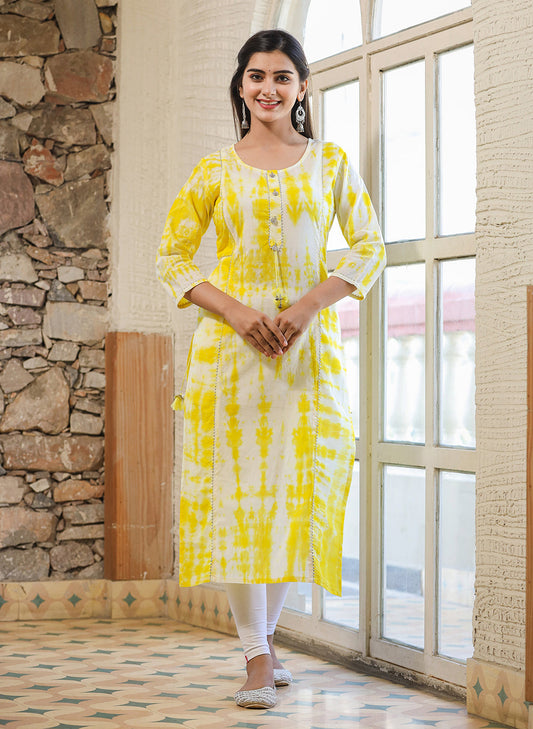 Kaajh Women's Yellow Shibori Tie Dye Cotton Casual Kurta