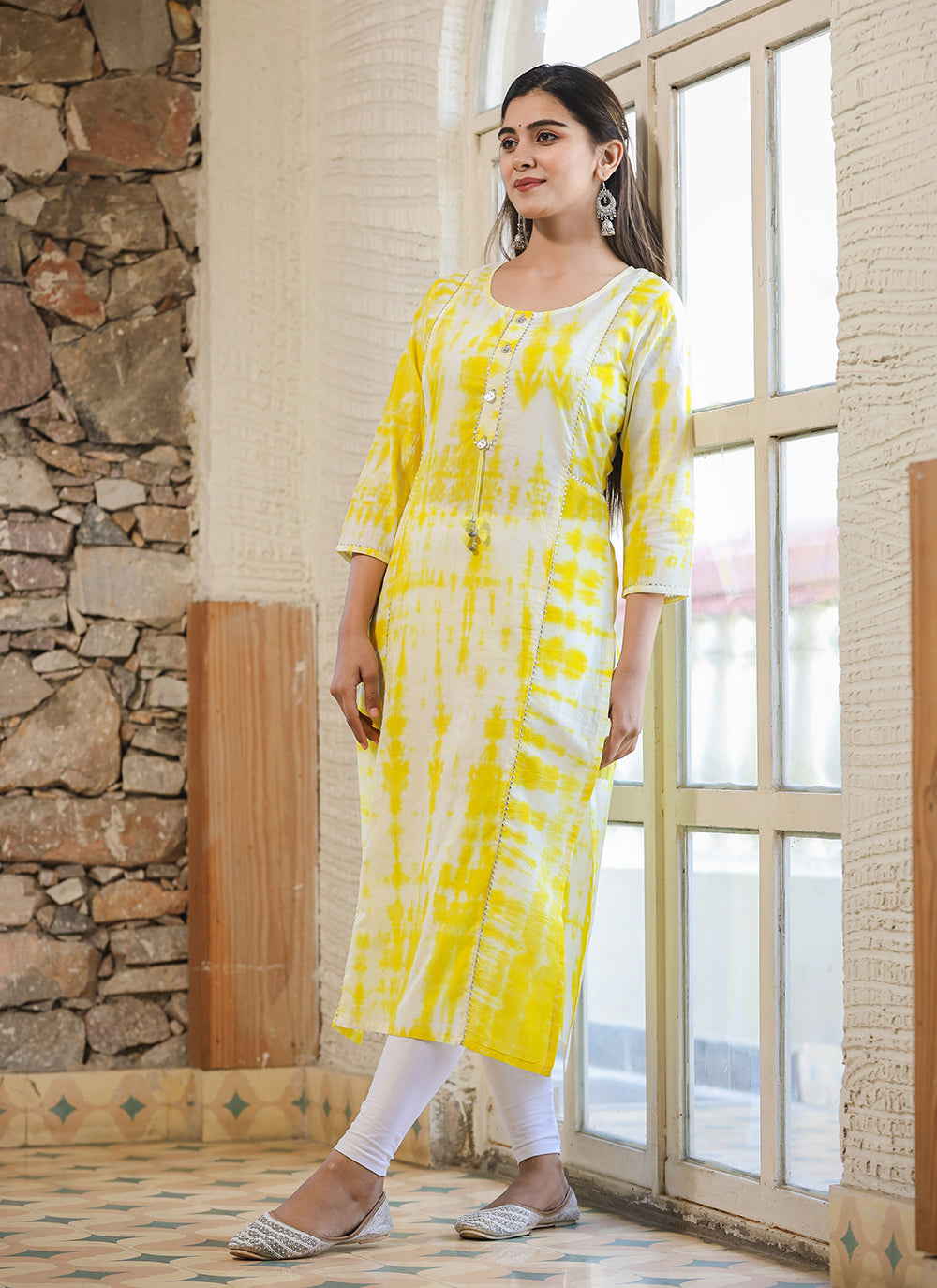 Kaajh Women's Yellow Shibori Tie Dye Cotton Casual Kurta