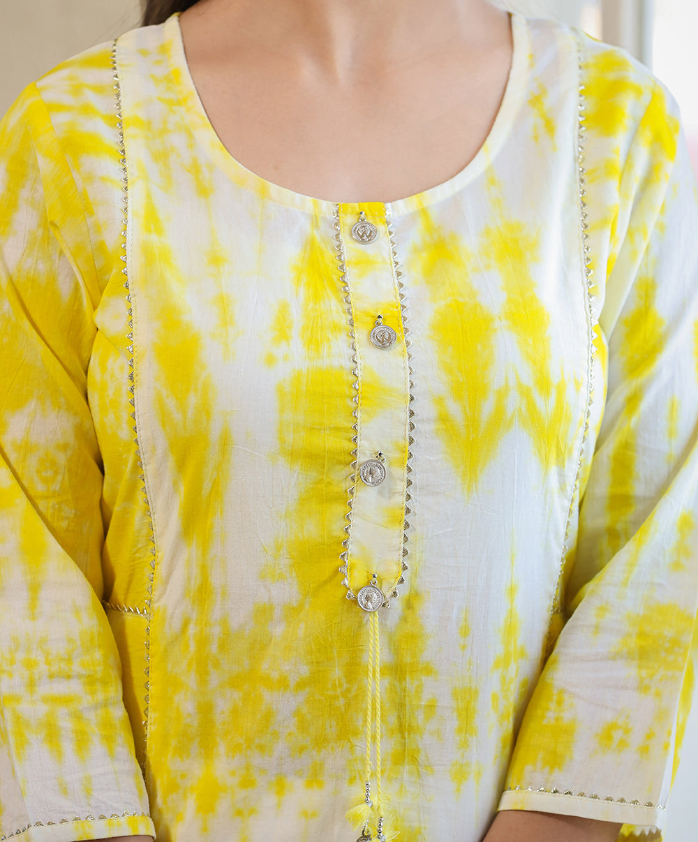 Kaajh Women's Yellow Shibori Tie Dye Cotton Casual Kurta