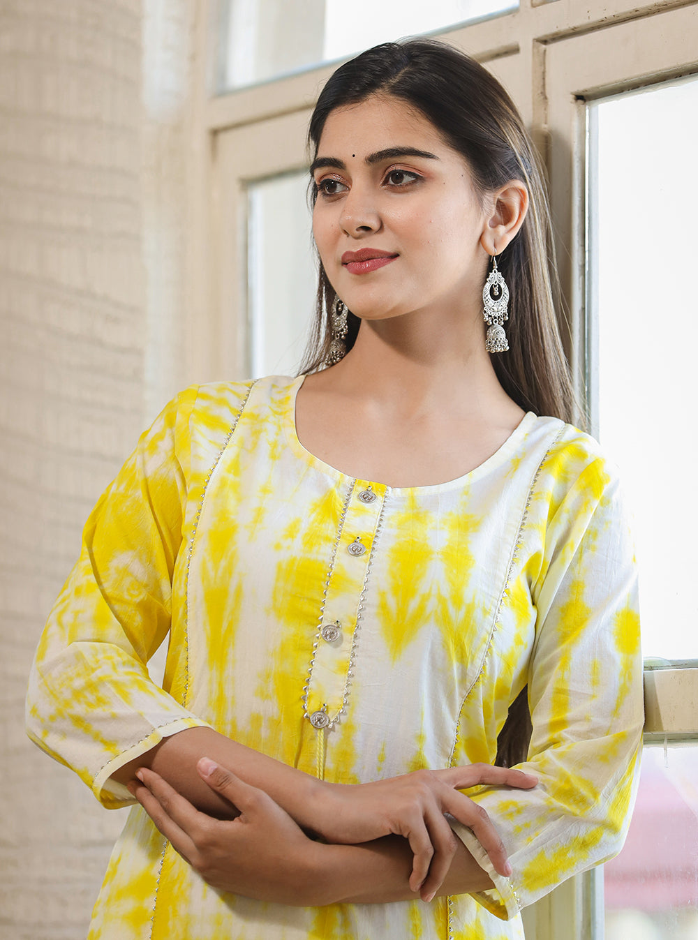 Kaajh Women's Yellow Shibori Tie Dye Cotton Casual Kurta
