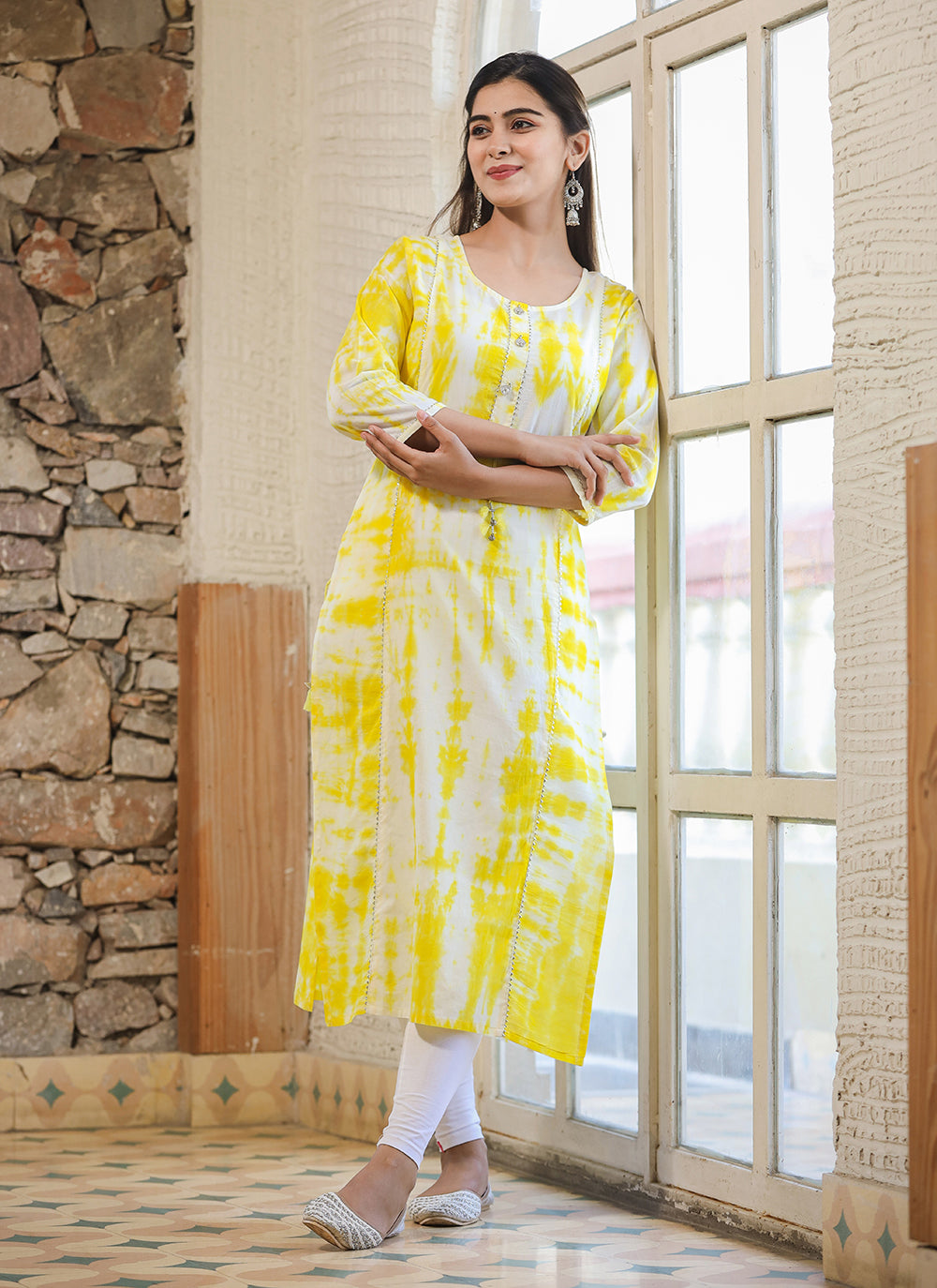 Kaajh Women's Yellow Shibori Tie Dye Cotton Casual Kurta