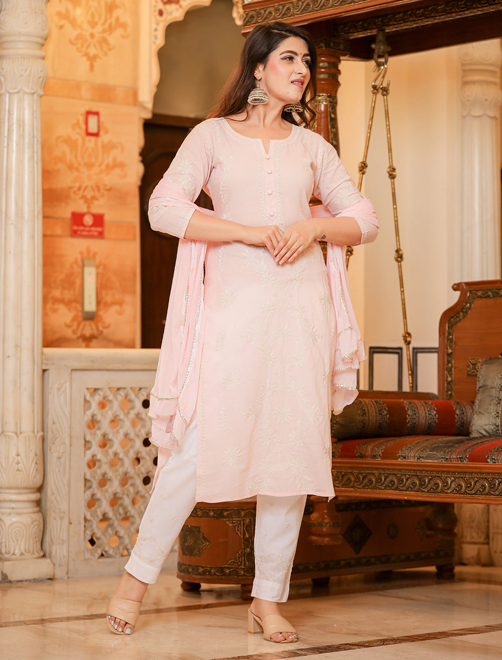 Kaajh Women's Peach Lucknow Chikankari Suit Set