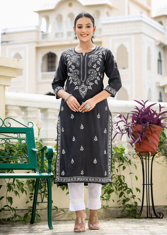 Kaajh Women's Black Chikhankari Embroidered Kurta Pant Set