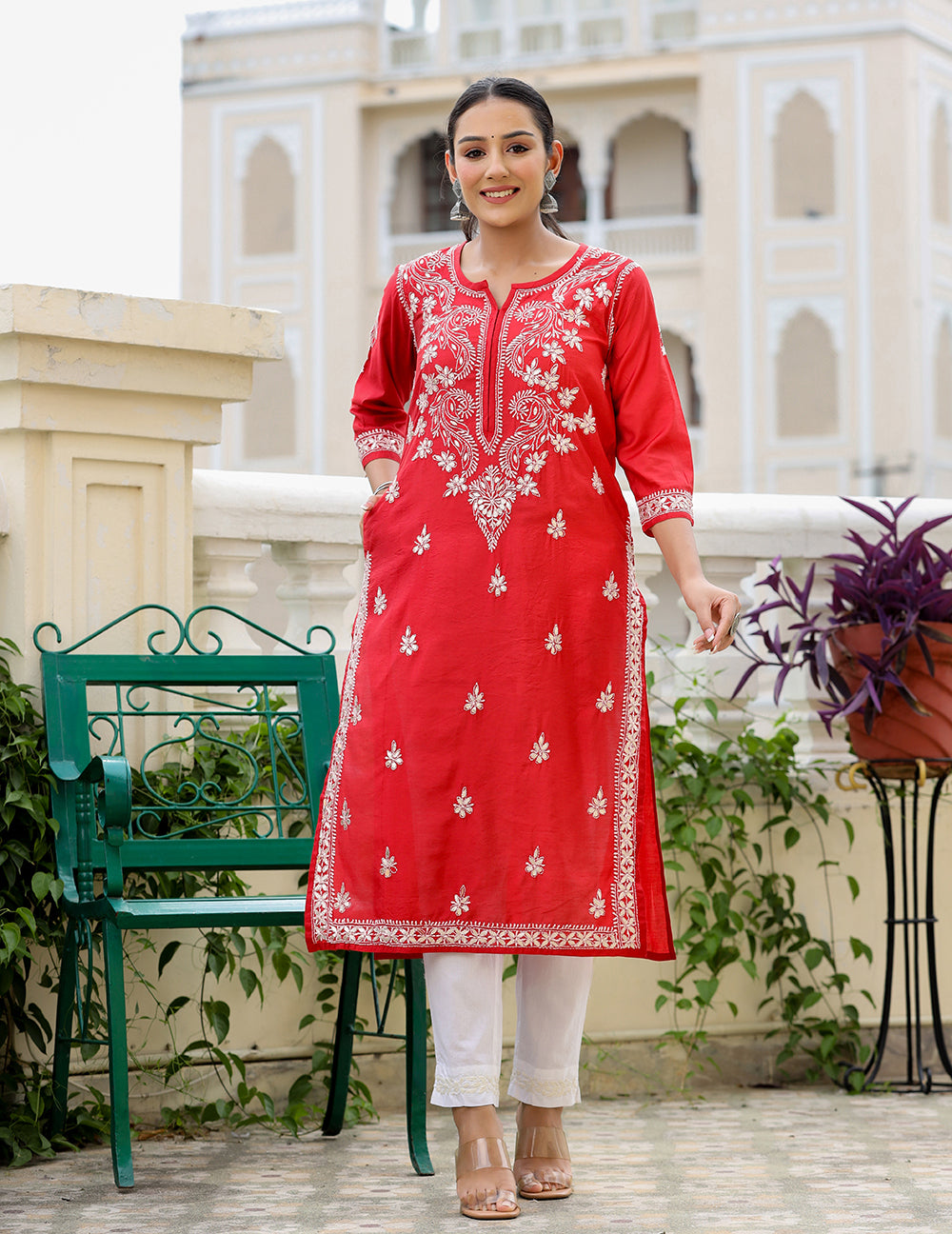 Kaajh Women's Red Chikhankari Embroidered Kurta Pant Set