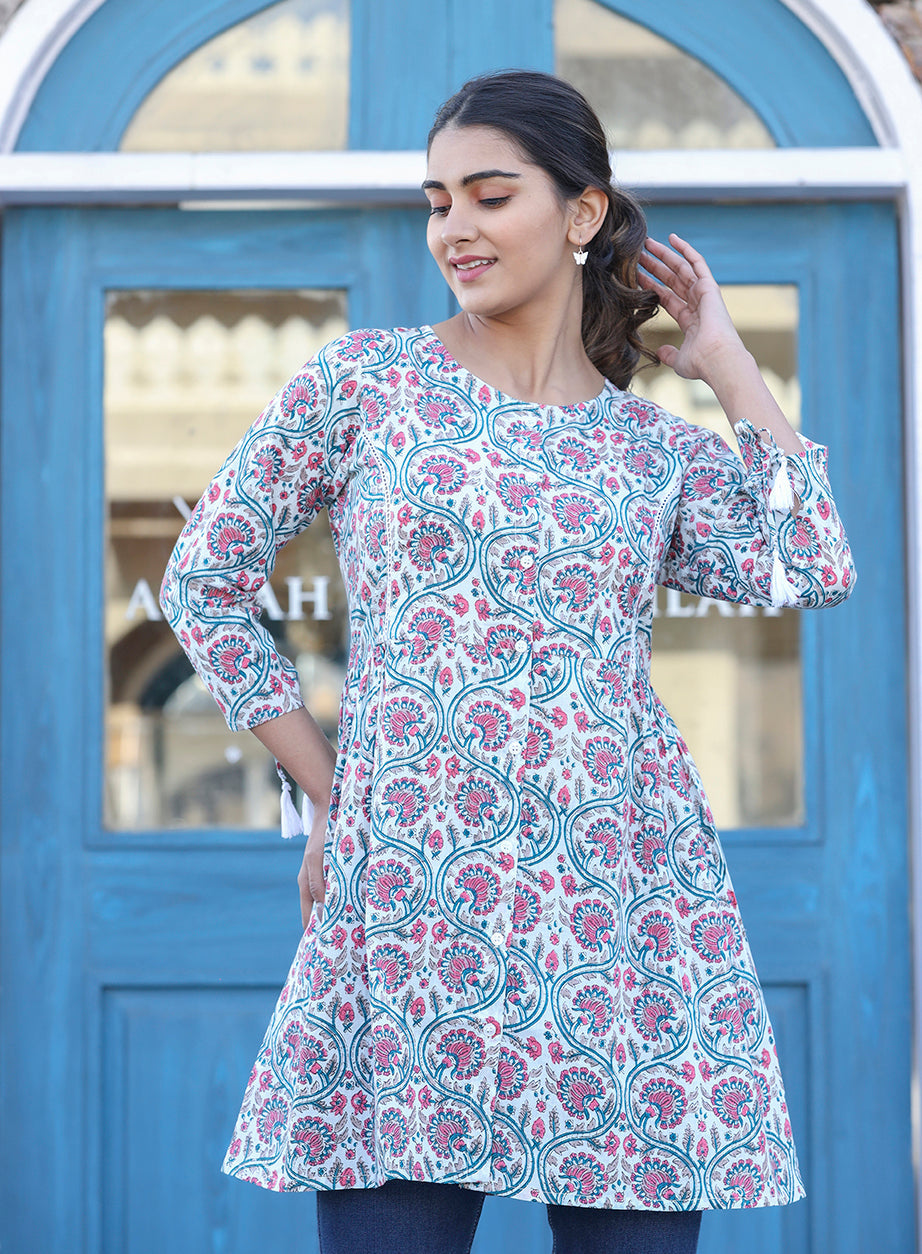 Kaajh White-Pink Floral Print Cotton Shirt Style Tunic
