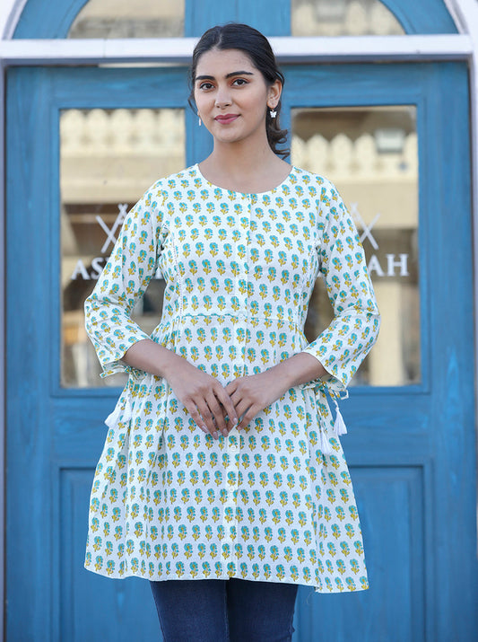 Kaajh White-Green Floral Print Cotton Shirt Style Tunic
