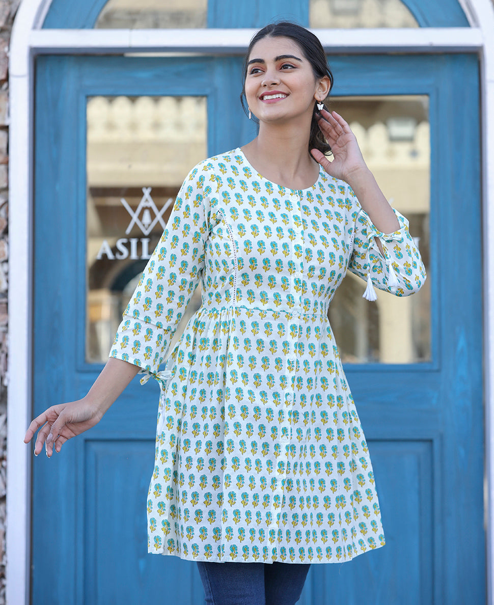 Kaajh White-Green Floral Print Cotton Shirt Style Tunic