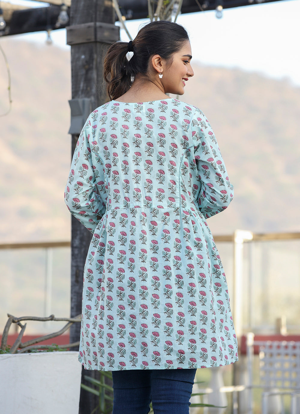 Kaajh Light Green Floral Print Cotton Shirt Style Tunic