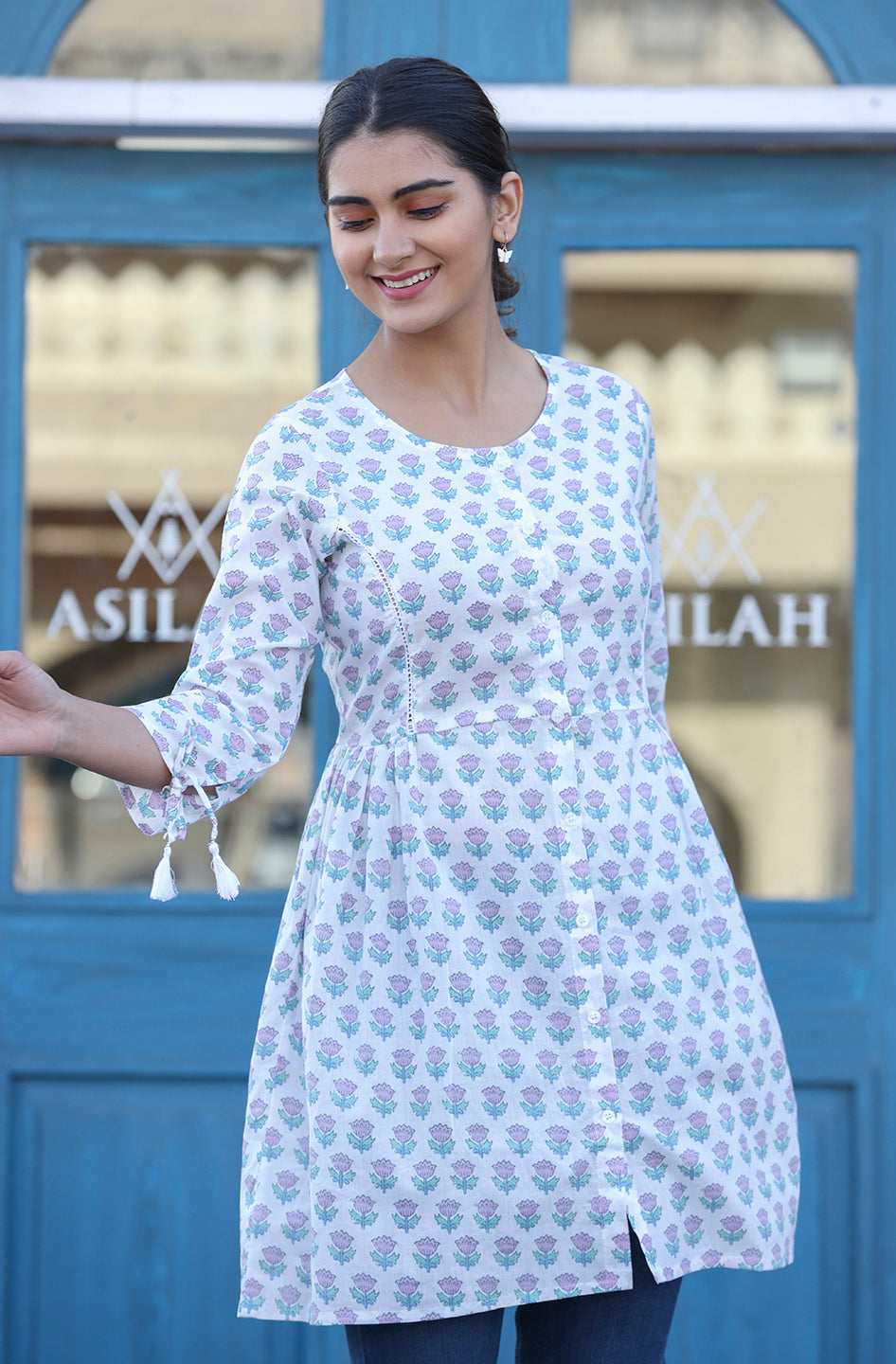Kaajh White Floral Print Cotton Shirt Style Tunic