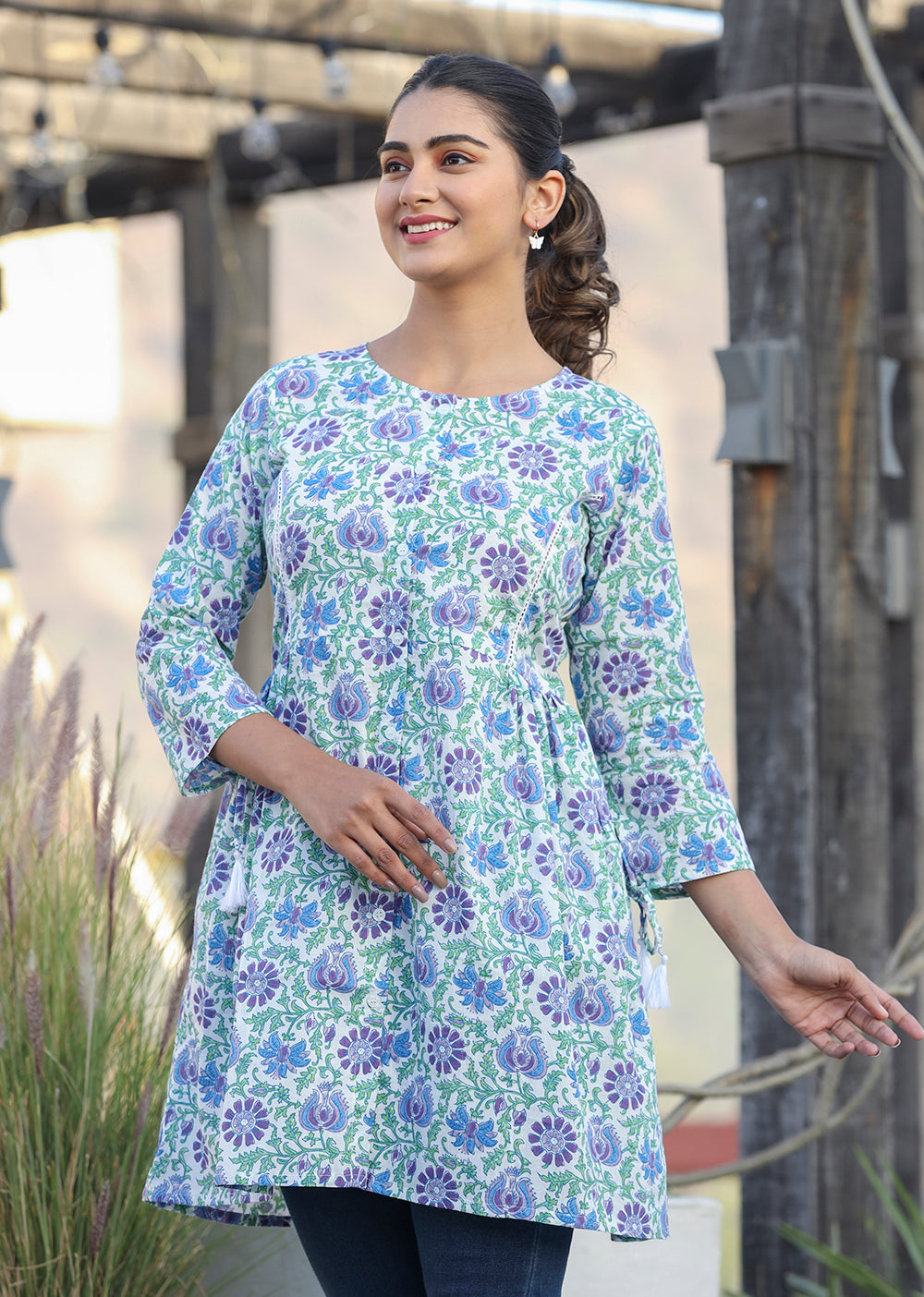 Kaajh White-Blue Floral Print Cotton Shirt Style Tunic