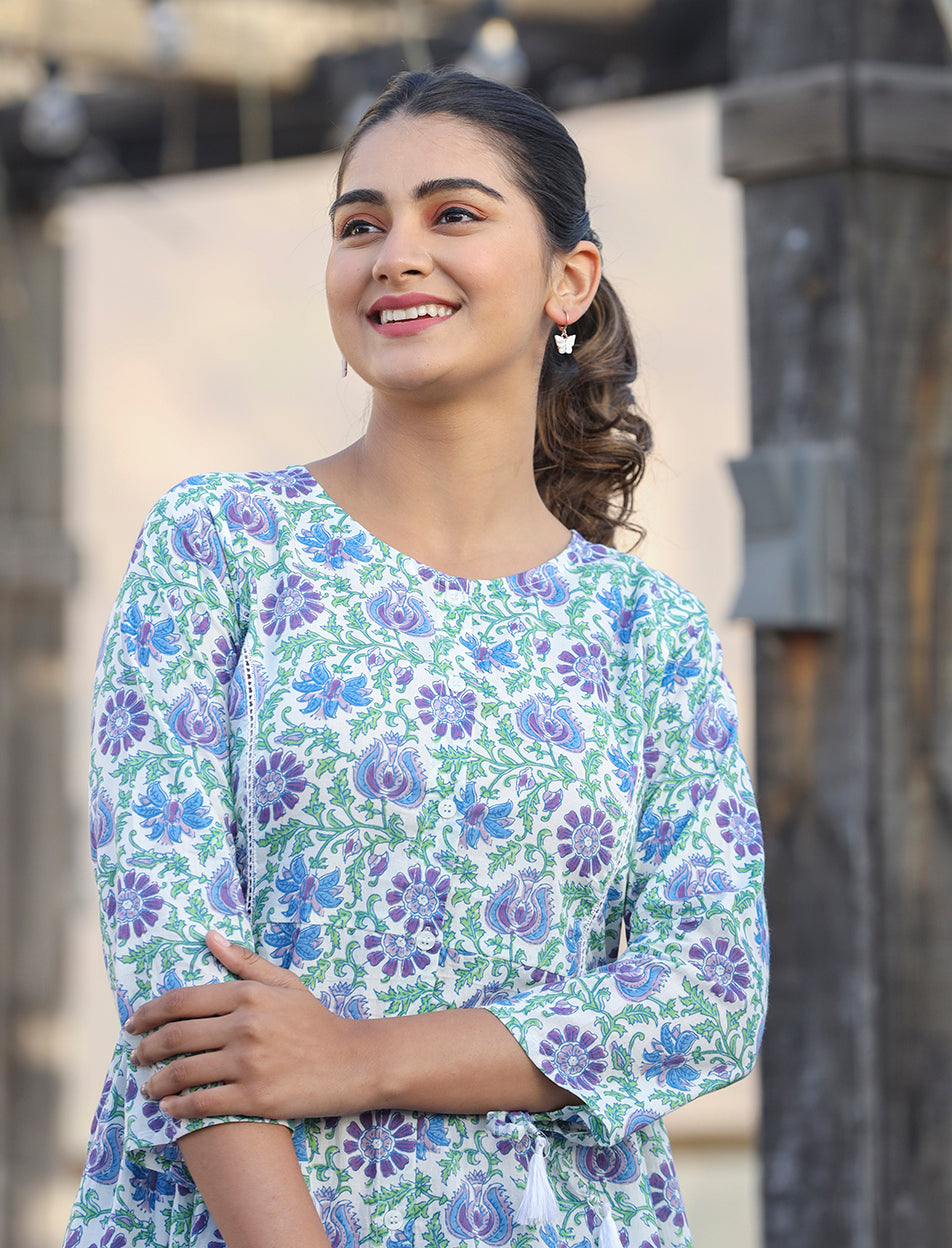Kaajh White-Blue Floral Print Cotton Shirt Style Tunic