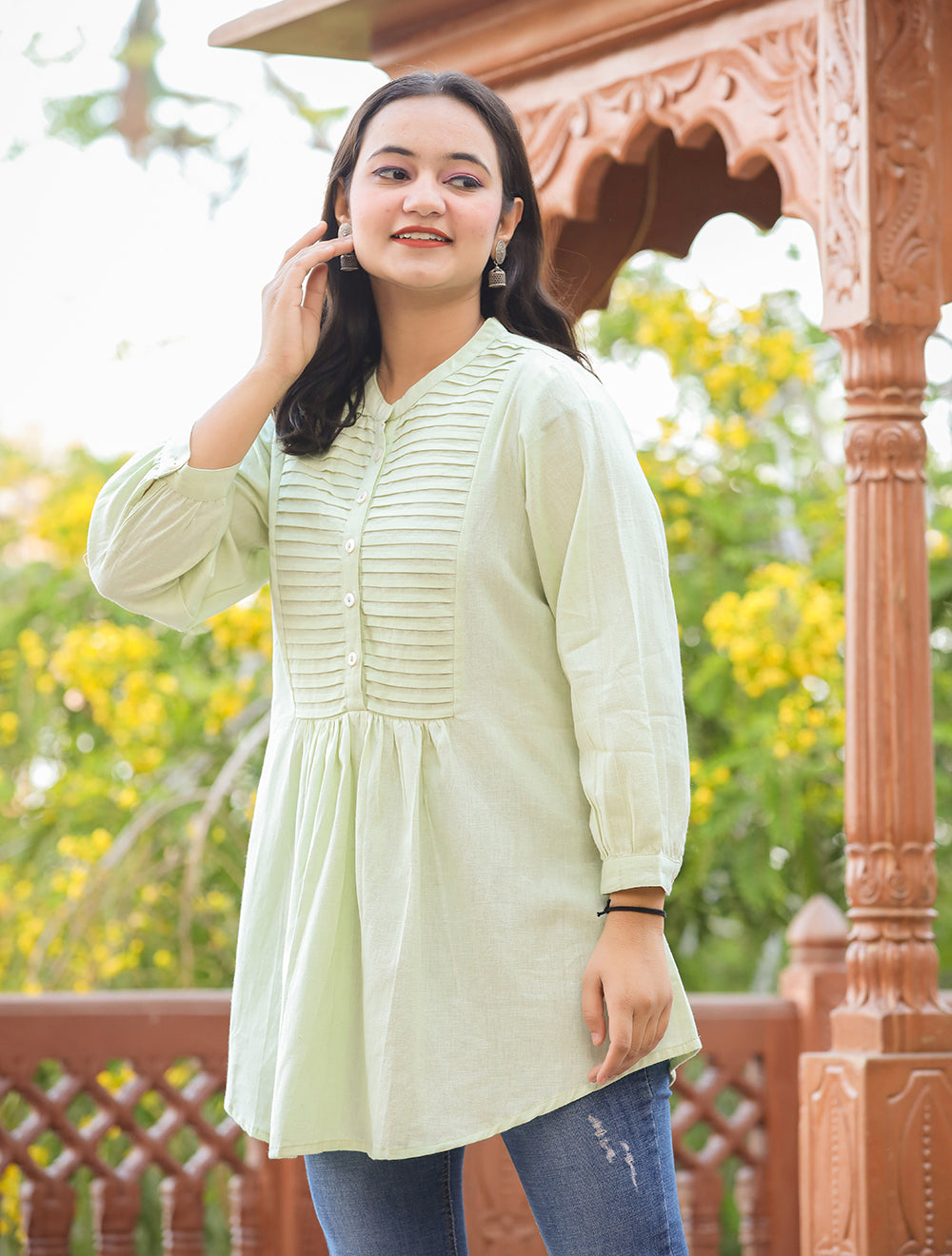 Kaajh Women's Pastel Green Cotton Tunic Top