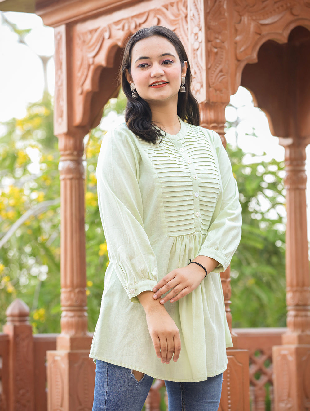 Kaajh Women's Pastel Green Cotton Tunic Top