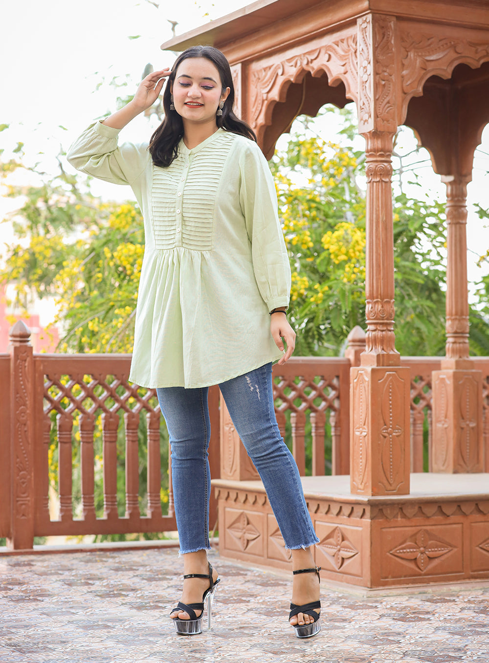 Kaajh Women's Pastel Green Cotton Tunic Top