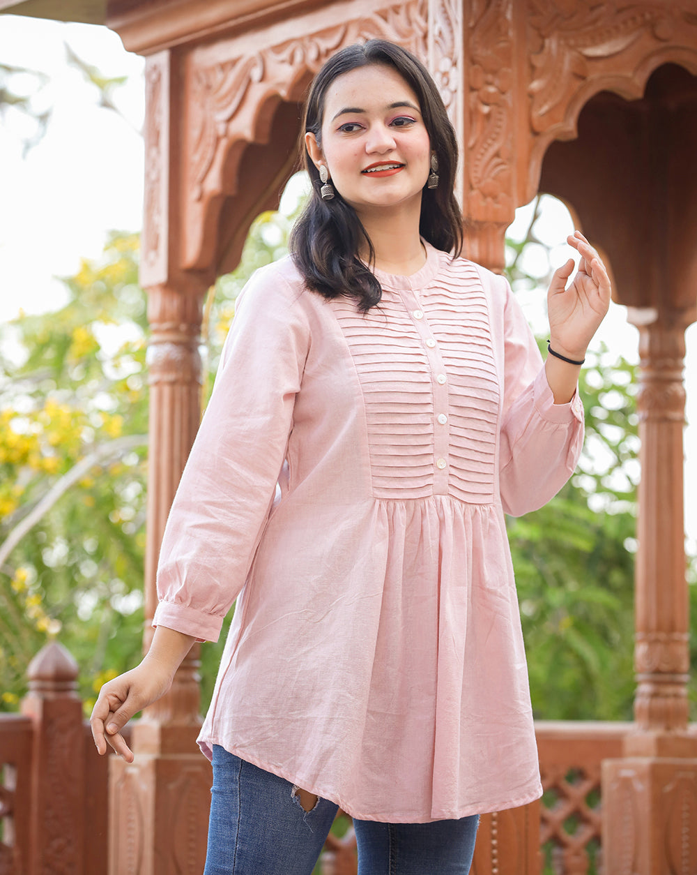 Kaajh Women's Pastel Peach Cotton Tunic Top