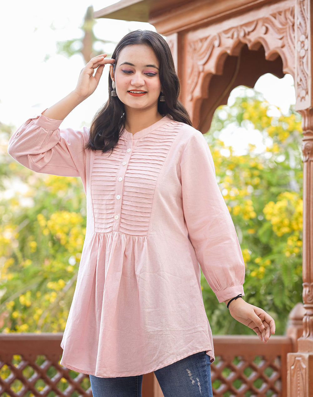 Kaajh Women's Pastel Peach Cotton Tunic Top
