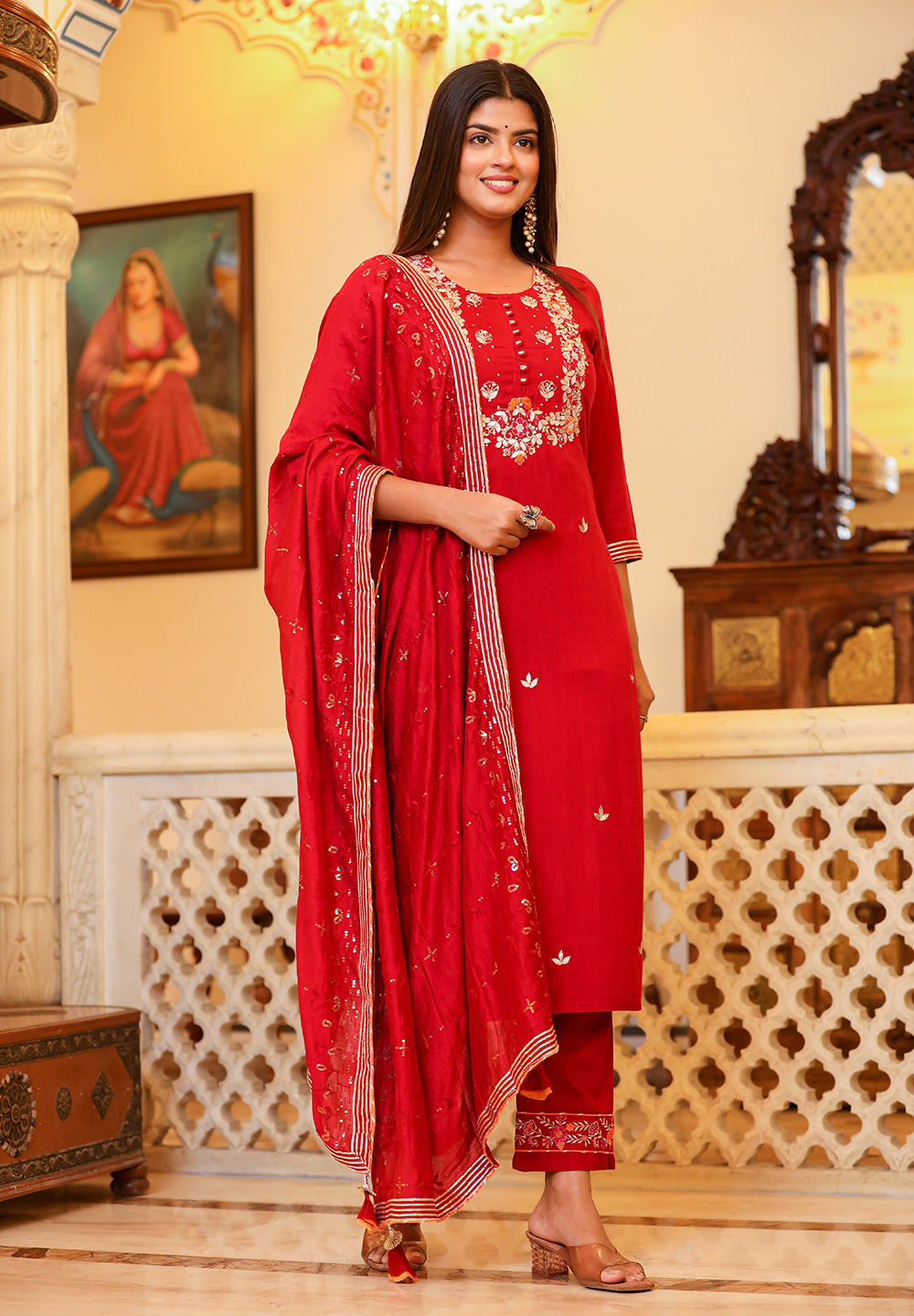 Kaajh Women's Red Rayon Embroidered Kurta Pant Set With Dupatta